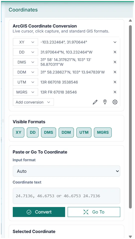 Coordinate conversion panel in a GIS application.